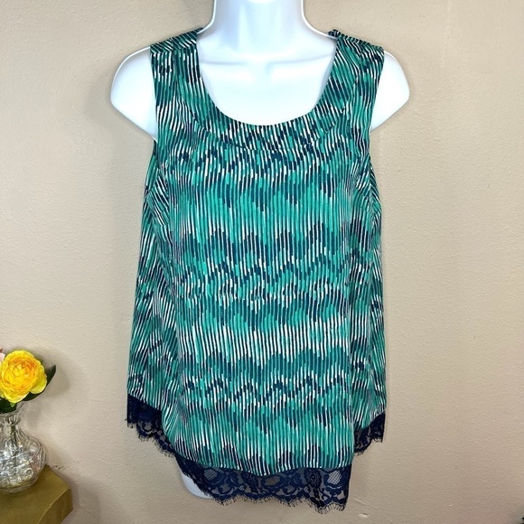 M Petite A.n.a Blue & Green Striped Boho Lace Accent Sleeveless Blouse Medium - Picture 1 of 9